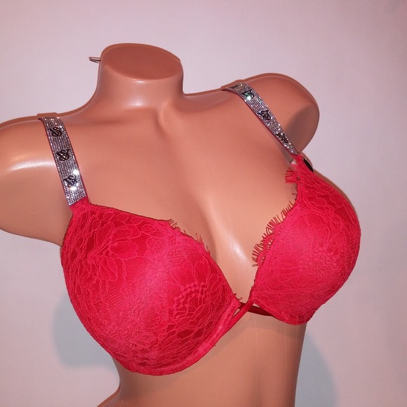 Victoria Secret Bra 34D Bombshell Push Up Red Lace Shine Strap Very Sexy - Picture 1 of 9